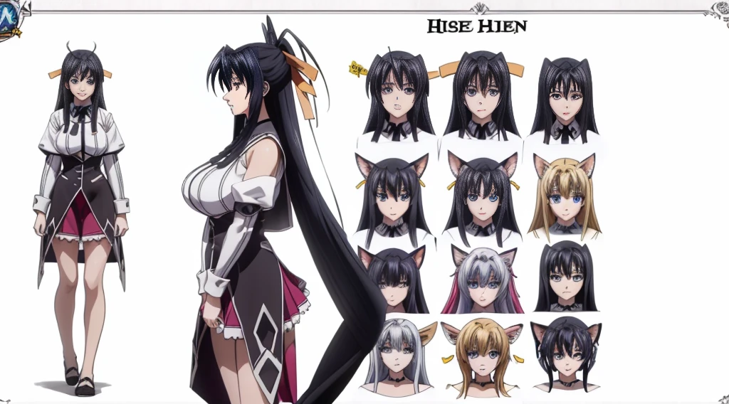 ((Best Quality)), ((Masterpiece)), (((detailed character sheet, frontal view, side view, three quarter view))) white background、whole body、whole bodyイラスト、whole bodyアニメーション、whole bodyリファレンスシート、Long Hair、black hair、smile、Cute face、Big Breasts、Long legs、Beautiful feet、8 heads tall、Detailed face、high school DxD、akeno himejima、