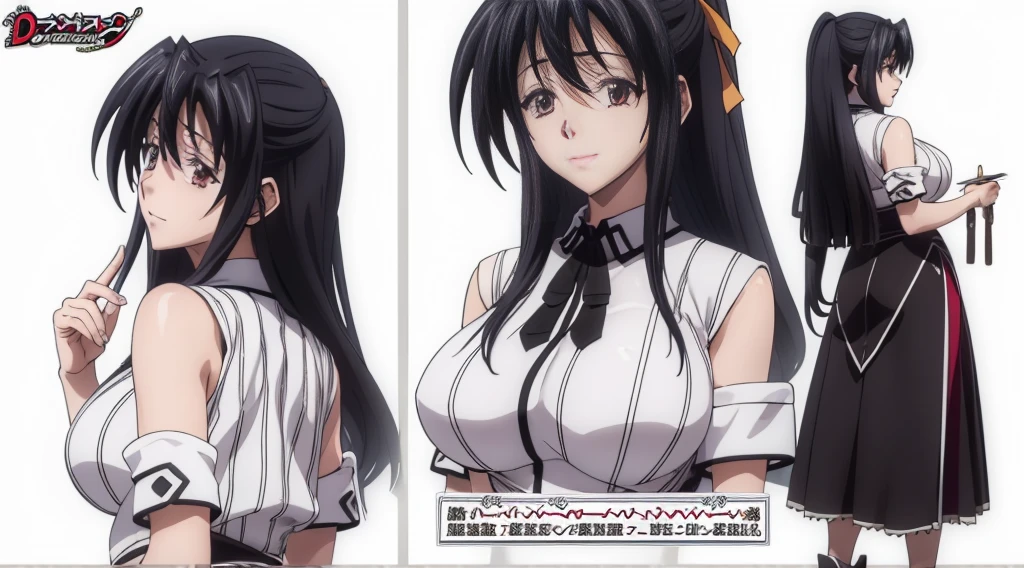 ((Best Quality)), ((Masterpiece)), (((detailed character sheet, frontal view, side view, three quarter view))) white background、whole body、whole bodyイラスト、whole bodyアニメーション、whole bodyリファレンスシート、Long Hair、black hair、smile、Cute face、Big Breasts、Long legs、Beautiful feet、8 heads tall、Detailed face、high school DxD、akeno himejima、