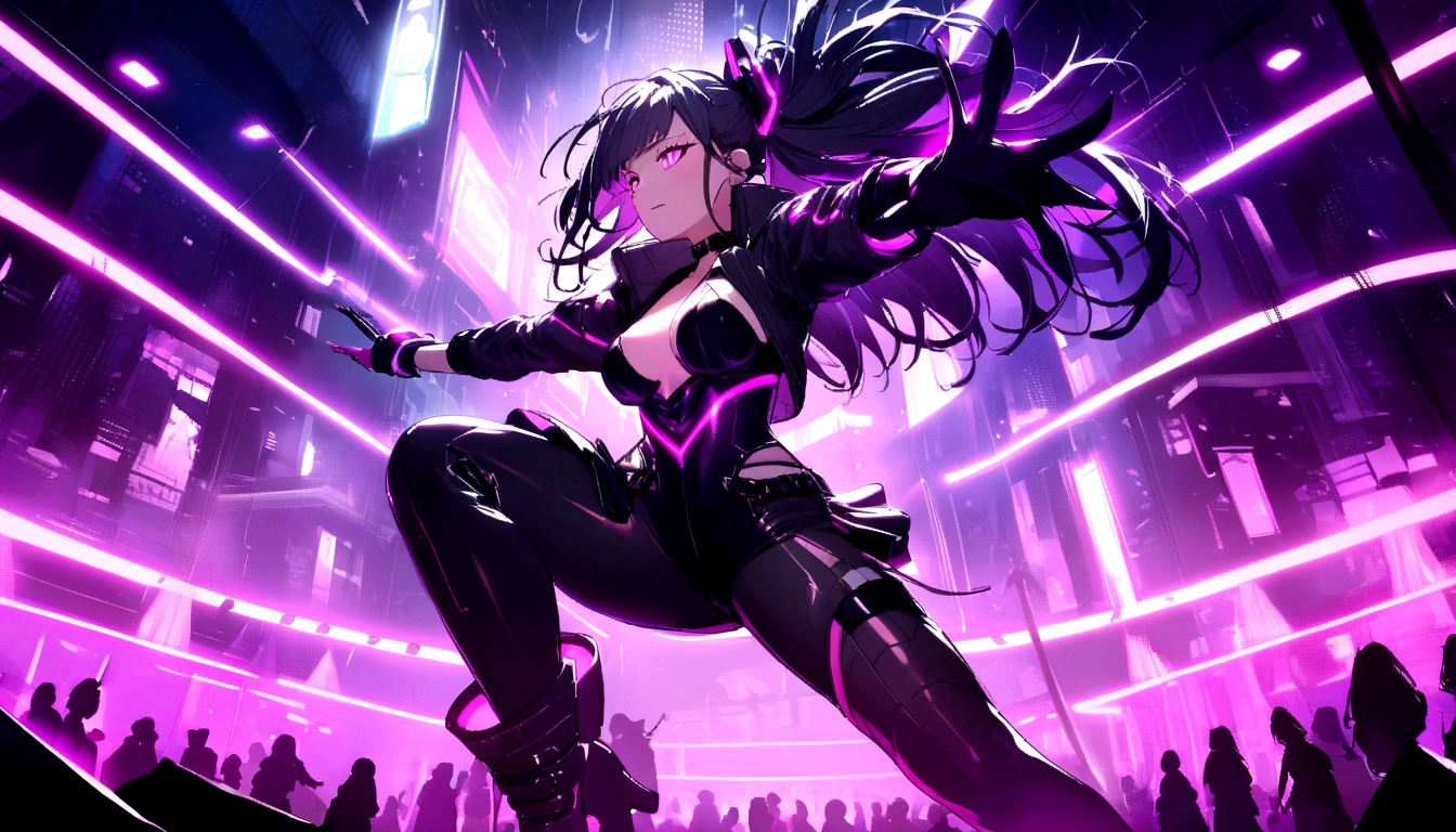 "Vibrant cyberpunk dance club with immersive pink-purple neon lights, intense atmosphere , action-packed, lots of lights, and reomve girl