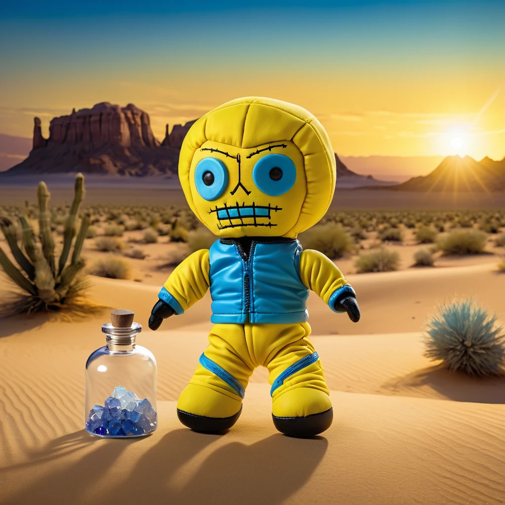(knitted toy voodoo doll:1.6), (Voodoo Walter White:1.3), (Clothing: protective yellow suit:1.0), (Accessories: RV lab, bag of crystals, Erlenmeyer flask:1.2), (Background: desert scene with RV in background, chemical fumes:1.2),best quality, masterpiece, detailed soft oil painting, detailed background, dramatic cinematic lighting, soft edge lighting, professional, dramatic lighting, hard edge lighting, ultra quality, 4k,masterpiece, best quality, 8k, ultra highres, highres, extremely detailed