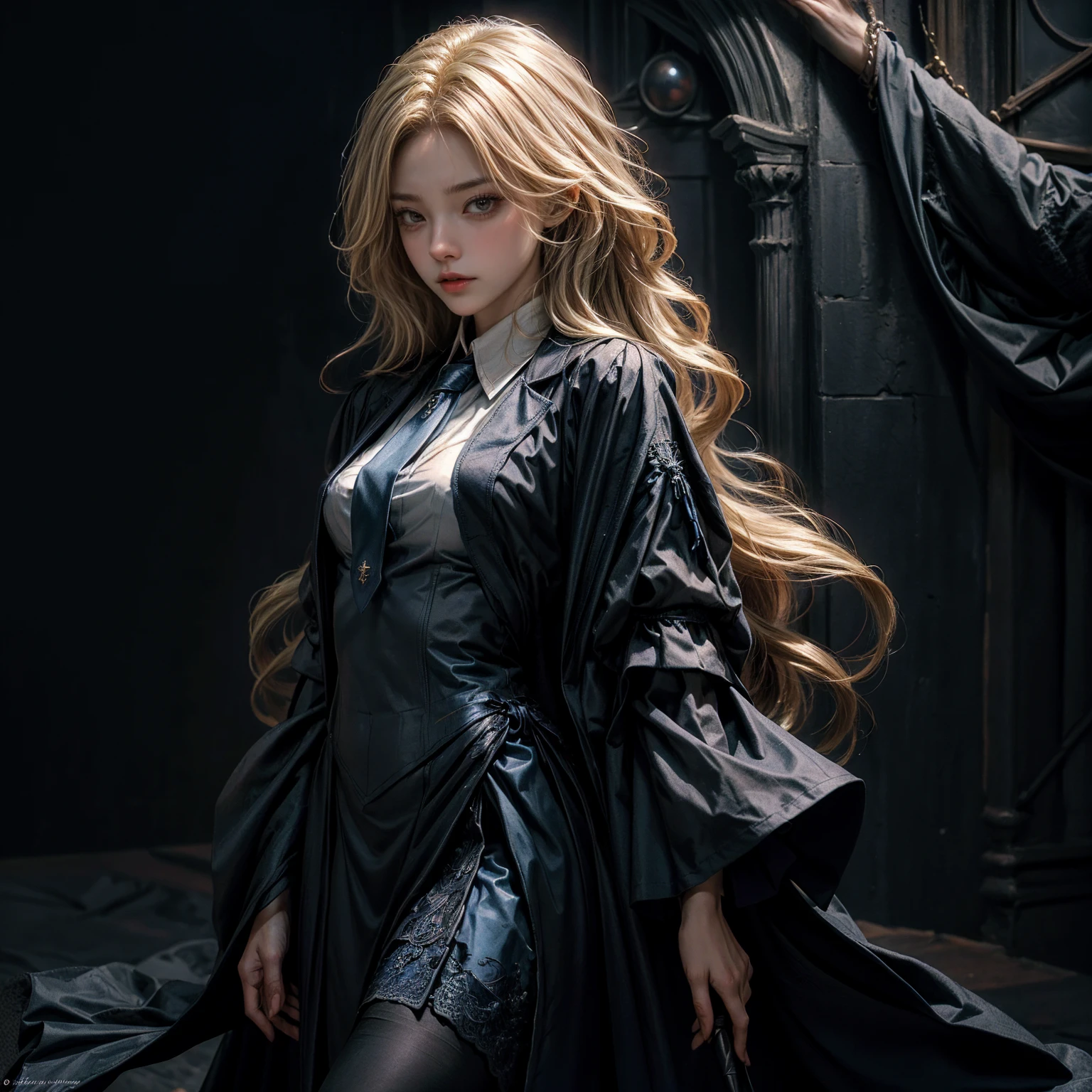 female witch,Long, light blonde hair,Black-blue witch ,Wear a blue tie, Highest quality, Highest picture quality, high resolution, realistic, 8K, Highly detailed,In a small dark medieval room