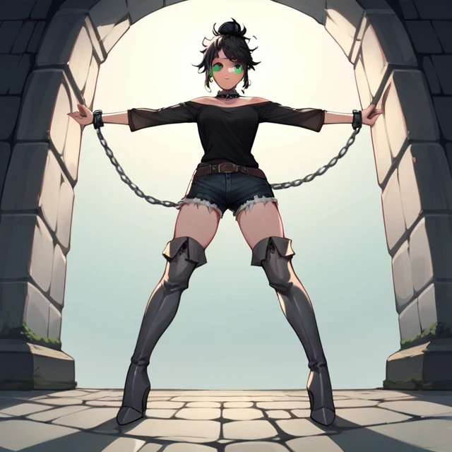 score_9, score_8_up, score_7_up, score_6_up, score_5_up, score_4_up, source_anime, 1girl, black hair, hair bun, green eyes, w-w-chain, spread arms, messy hair,black shirt,shorts,thigh high boots,gray boots,without heels, dungeon, best quality, best res, 4K UHD,
 