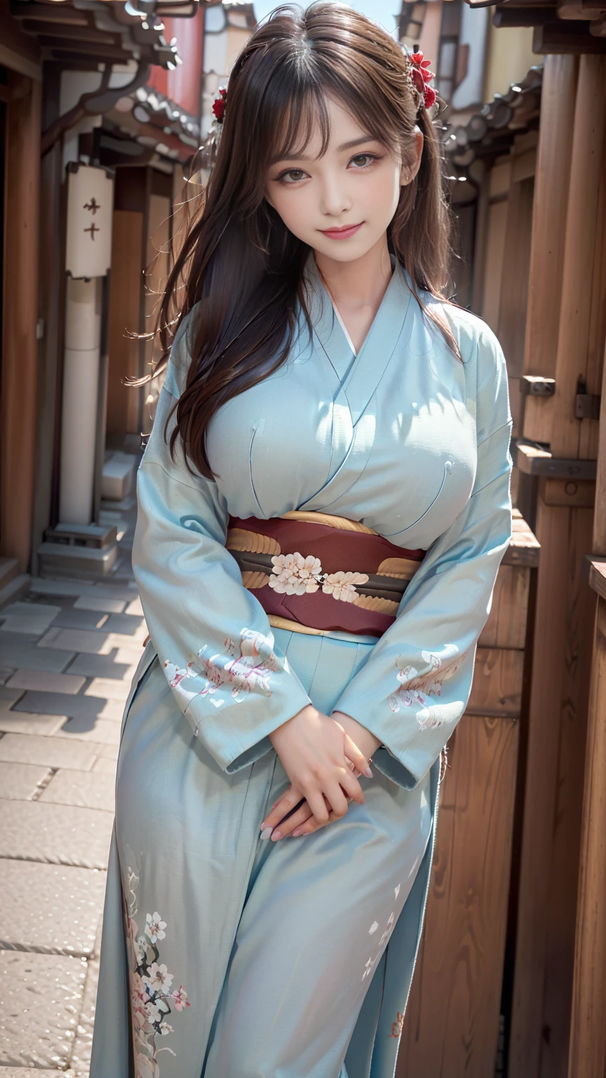 (((Regular dressing:1.5))),(Surreal), (High resolution), (8K), (Very detailed), (Best illustrations), (Beautifully detailed and sparkling eyes), (Highest quality), (Very detailedな), (masterpiece), (wallpaper), (Detailed face), (Beautiful smile)、(Beautiful expression)、alone、(((Big Breasts)))、Looking into the camera、((Glamorous Body))、(((Edo Town、Beautiful kimono)))