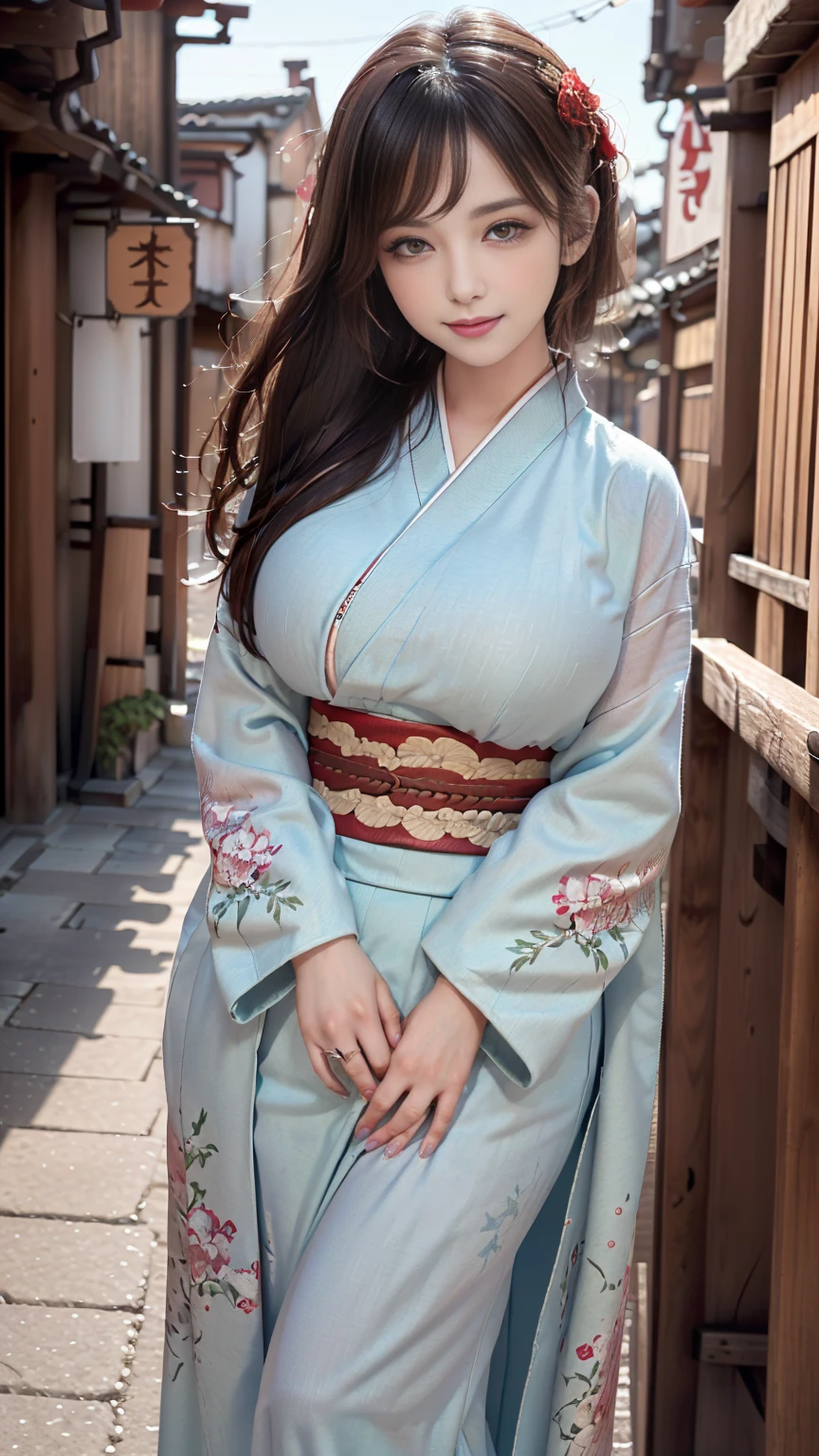 (((Regular dressing:1.5))),(Surreal), (High resolution), (8K), (Very detailed), (Best illustrations), (Beautifully detailed and sparkling eyes), (Highest quality), (Very detailedな), (masterpiece), (wallpaper), (Detailed face), (Beautiful smile)、(Beautiful expression)、alone、(((Big Breasts)))、Looking into the camera、((Glamorous Body))、(((Edo Town、Beautiful kimono)))