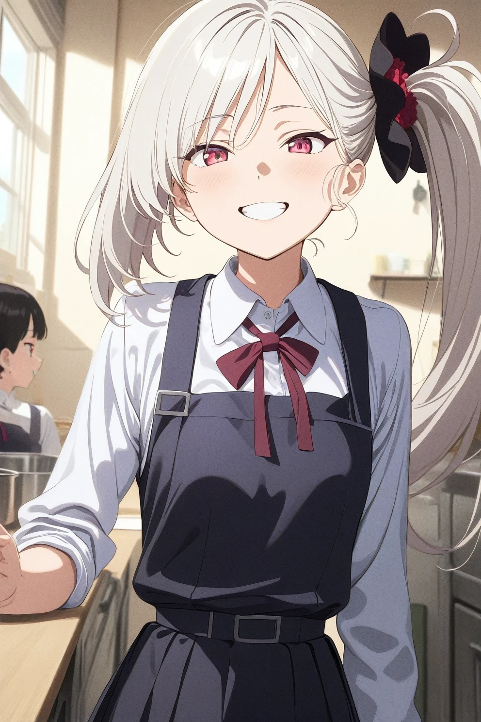best quality, amazing quality, very aesthetic, absurdres, (1girl, mutsuki, blue archive, solo, red eyes, white hair, side ponytail), (realistic face:0.7),(pinafore dress:2), (grin, thigh), (cowboy shot), (glowing eyes:1.1), (half closed eyes:0.9), (from side:0.3), kitchen, expressive eyes, perfect face, 4k, extremely detailed anime illustration, extremely detailed eyes, perfect anatomy, light rays, extremely delicate body, smooth skin, (school background:1.5), clear eyes, beautiful face, small breasts,(anime style:1.5), (Chiaroscuro:1.5), (highres:2), cinematic