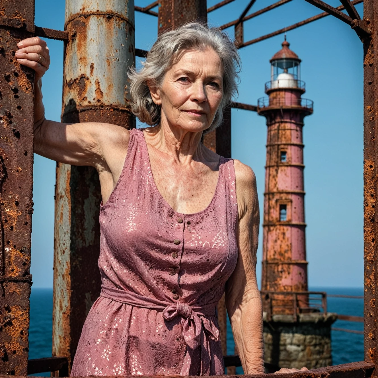 RAW photo, full body portrait of a beautiful 70 year old woman, wrinkled face, pink summer dress, she stands on  a rusty trellis of a lighthouse on the north sea, full sharp, detailed face, blue eyes, (high detailed skin:1.2), 8k uhd, dslr, soft lighting, high quality, film grain, Fujifilm XT3
dappled light on face, pale skin, skin pores, oiled shiny skin, skin blemish, imperfect skin, intricate skin details, visible skin detail, detailed skin texture, blush, wrinkles, vitiligo spots, moles, whiteheads, blackhead, white pimples, red pimples, beauty spot, skin fuzz, [[[[[freckles]]]]] (perfect eyes) 