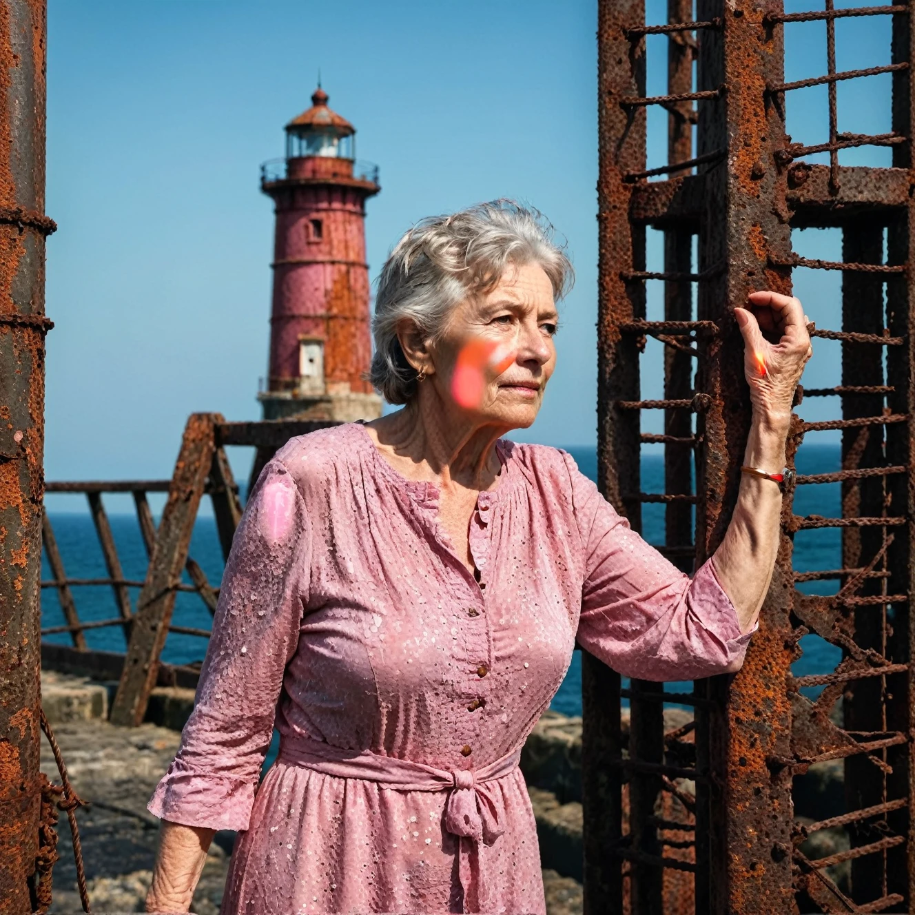 RAW photo, full body portrait of a beautiful 70 year old woman, wrinkled face, pink summer dress, she stands on  a rusty trellis of a lighthouse on the north sea, full sharp, detailed face, blue eyes, (high detailed skin:1.2), 8k uhd, dslr, soft lighting, high quality, film grain, Fujifilm XT3
dappled light on face, pale skin, skin pores, oiled shiny skin, skin blemish, imperfect skin, intricate skin details, visible skin detail, detailed skin texture, blush, wrinkles, vitiligo spots, moles, whiteheads, blackhead, white pimples, red pimples, beauty spot, skin fuzz, [[[[[freckles]]]]] (perfect eyes) 