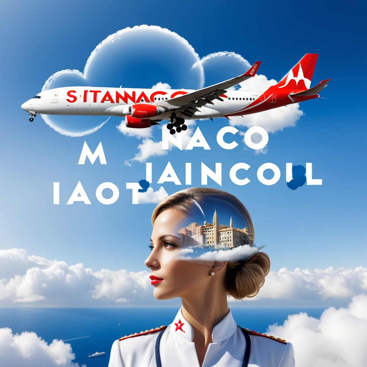 dvr-wwyt, stewardess, airplane, double exposure, (("monaco",  "Istanbul")) Text logo, clouds