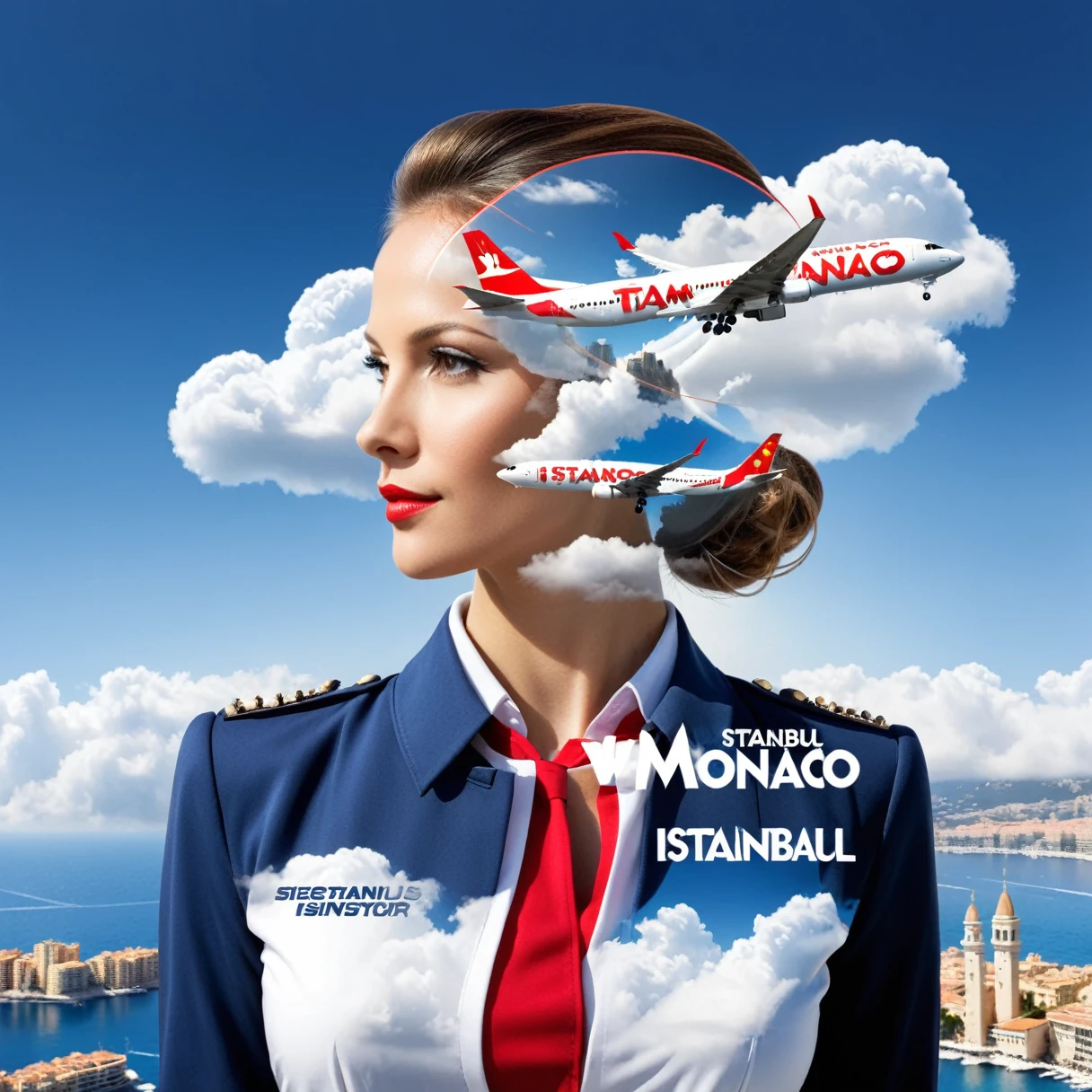 dvr-wwyt, stewardess, airplane, double exposure, (("monaco",  "Istanbul")) Text logo, clouds