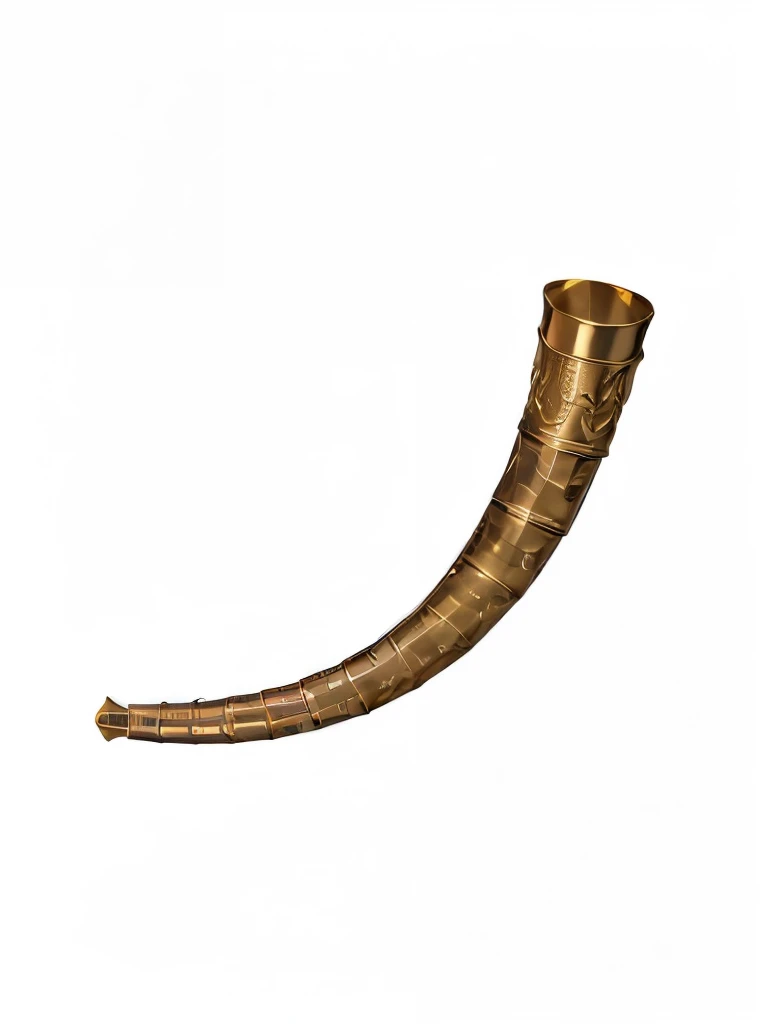 there is a gold trumpet shaped object on a white background, animal trumpet, trumpet, brass trumpets, half - demon trumpet, gold ram trumpets, single trumpet, winding trumpet, demon trumpet, trumpets, loki trumpets, large trumpets, trumpeted, ram trumpets, long trumpets, brass beak, metal dragon tail, large trumpeted tail, Long, thick, shiny golden beak, decorate, pipeline