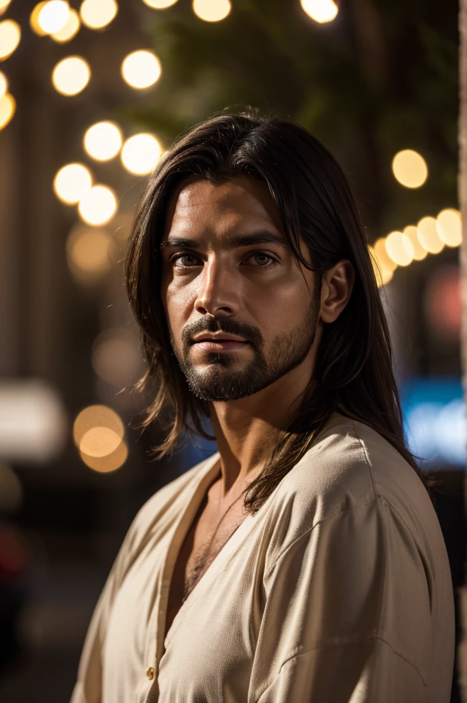 Modern portrait of Jesus, movie light, depth of field, Bokeh, realism, realistic, hyperrealism, professional photography, FuSD, dslr, HDR