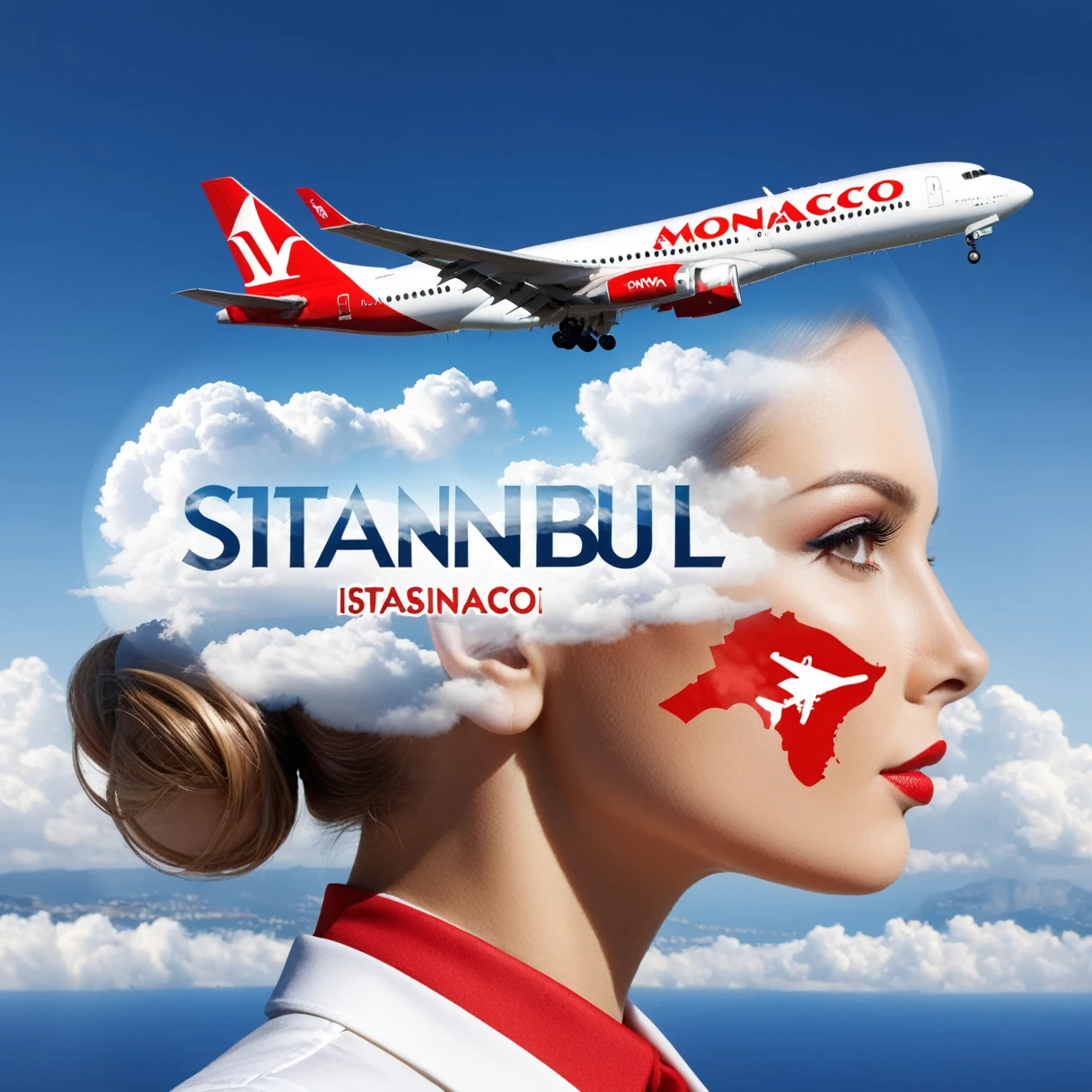 dvr-wwyt, stewardess, airplane, double exposure, (("monaco",  "Istanbul")) Text logo, clouds