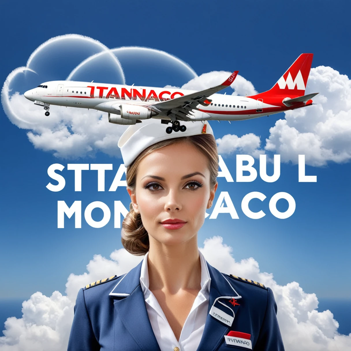 dvr-wwyt, stewardess, airplane, double exposure, (("monaco", "Istanbul")) Text logo, clouds