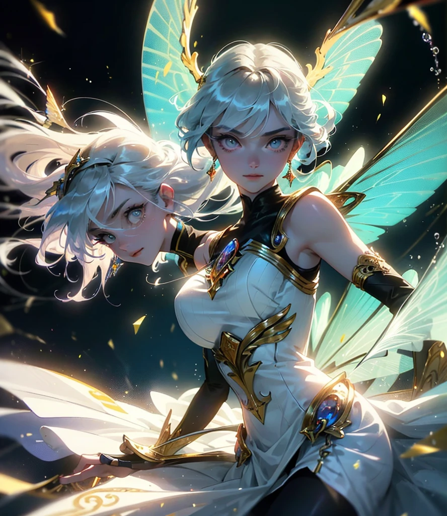 (((Masterpiece))), (((Best quality))), ((Ultra-detailed)),(Highly detailed CG illustration), ((An extremely delicate and beautiful)),Cinematic light, Create stunning fantasy artwork,fairy fantasy,the Flower Fairy,Transparent butterfly wings,Fairy stick,Lots of flowers,A skirt blown by the wind,Fluttering strands of hair,Side Body,ventania:1.3,dyna,brightly colored,Exudes an aura of mystery and magic. Pay close attention to intricate facial features, For example, mesmerizing eyes,ssmile,brightly, The character's clothes should be designed to be as light as the wings of a cicada, Subtle iridescent details. Blend in with fantastic colors, Dynamic lighting, and detailed background elements,Consider the latest trends in fantasy art, such as incorporating unique lighting effects, Explore dynamic and engaging composition techniques, And try a unique color palette. Take inspiration from top artists on ArtStation and Midjourney. camera: Choose an angle that highlights the beauty of your character,Enhance the magical majesty of the artwork. lighting: Use atmospheric lighting technology to create depth and atmosphere. Resolution: Aim for high-resolution artwork,to showcase intricate detail and clarity. Artistic inspiration: Get inspiration from popular artists on ArtStation, Explore different styles