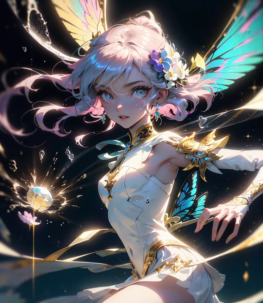 Beautiful transparent flower fairy baby, Transparent rich and colorful wings, The wand flutters in the wind、The wand sparkles with starLight,Gold Wand,Beautiful blue sky and white clouds、Have transparent wings、Smile friendly、Beautiful garden background、Gentle and transparent,Anatomically correct, Exquisite patterns,Pink Rose Space, 柔和的Light, ( Bokeh),masterpiece, Super detailed, Epic Works, best quality, 8K,Epic romantic fantasy digital art,Epic fairy tale fantasy digital art,Mythology and Fantasy,Ultra HD resolution,Detailed drawing,Realistically,Very realistic,Light,Award-winning photos,rich and colorful,Super realistic texture,戏剧性的Light