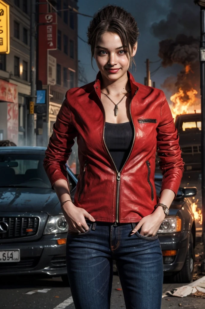 1girl, (realistic),(hyperrealism),(best quality),(masterpiece),(ultra high res),(photorealistic),idol,eye makeup,detailed eyes,detailed face,black dress, claireredfield2, brown hair, (red jacket:1.2), ponytail, (denim pants:1.3),, red wristband,, abandoned street, burning cars in background, littered street, smoke, chaos, zombie apocalypse, daytime, sunny,, hands in pocket, looking at viewer, smiling, closeup shot