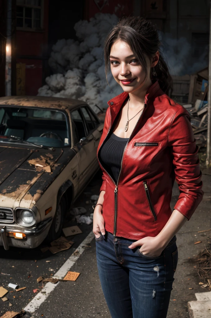 1girl, (realistic),(hyperrealism),(best quality),(masterpiece),(ultra high res),(photorealistic),idol,eye makeup,detailed eyes,detailed face,black dress, claireredfield2, brown hair, (red jacket:1.2), ponytail, (denim pants:1.3),, red wristband,, abandoned street, burning cars in background, littered street, smoke, chaos, zombie apocalypse, daytime, sunny,, hands in pocket, looking at viewer, smiling, closeup shot