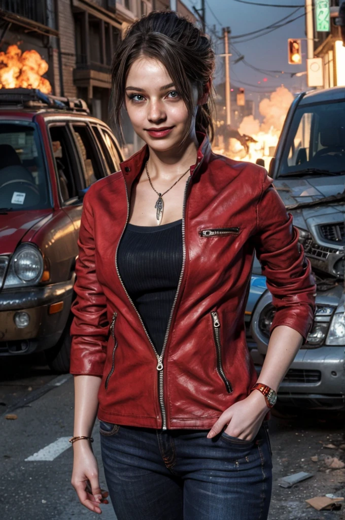 1girl, (realistic),(hyperrealism),(best quality),(masterpiece),(ultra high res),(photorealistic),idol,eye makeup,detailed eyes,detailed face,black dress, claireredfield2, brown hair, (red jacket:1.2), ponytail, (denim pants:1.3),, red wristband,, abandoned street, burning cars in background, littered street, smoke, chaos, zombie apocalypse, daytime, sunny,, hands in pocket, looking at viewer, smiling, closeup shot