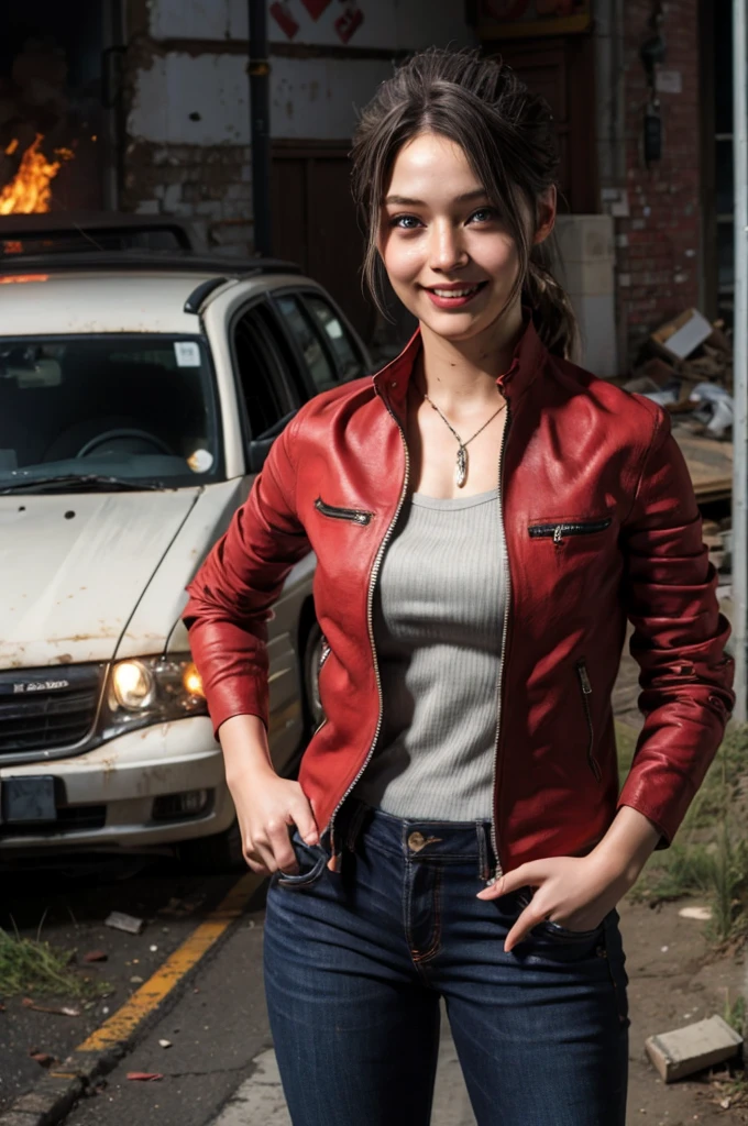 1girl, (realistic),(hyperrealism),(best quality),(masterpiece),(ultra high res),(photorealistic),idol,eye makeup,detailed eyes,detailed face,black dress, claireredfield2, brown hair, (red jacket:1.2), ponytail, (denim pants:1.3),, red wristband,, abandoned street, burning cars in background, littered street, smoke, chaos, zombie apocalypse, daytime, sunny,, hands in pocket, looking at viewer, smiling, closeup shot