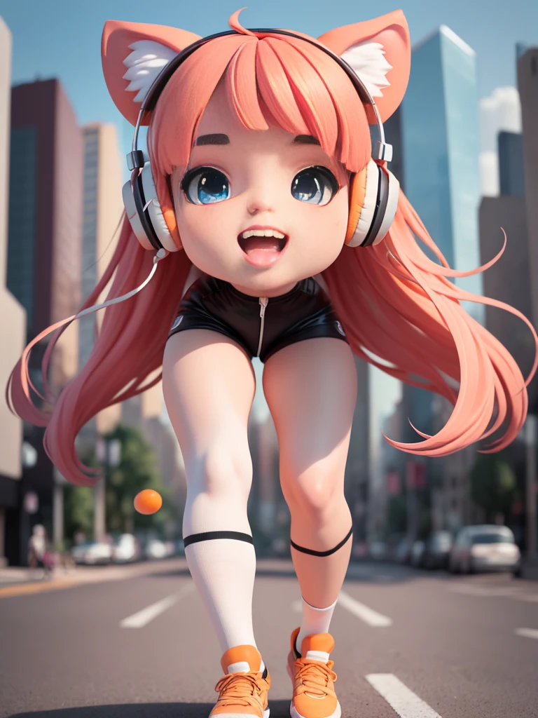 (masterpiece), (extreme), (Very detailed),(Body:1.9),1 Girl,whole body, looking into camera,Sunlight, Lovely, orange, (Big Head:1.8), toy doll, (((big cat ears,orange headphones)),Smile, open mouth, City, Fashion, Leather jacket, leather shorts,blush, shirt, long hair, pink hair, orange headdress, Vague, Long sleeve, Bangs, Long white socks,sports shoes, (Beautiful and delicate face), (Beautiful and delicate eyes)