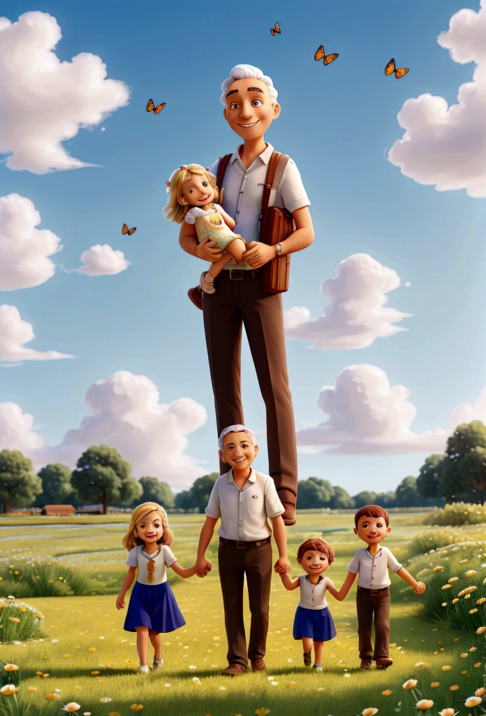 Mother, dad and  holding hands, running through a chamomile field, smiling, dad has a book in his hand, mom has a bouquet of daisies in her hand, the sun is shining, blue sky, White clouds, Butterflies fly