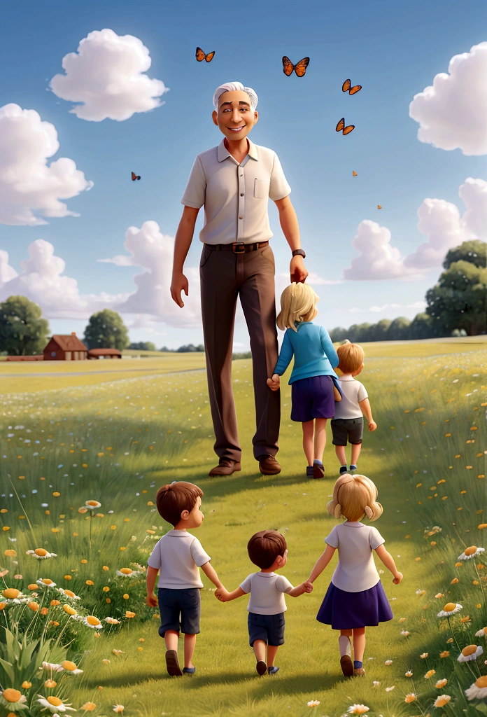 Mother, dad and holding hands, running through a chamomile field, smiling, dad has a book in his hand, mom has a bouquet of daisies in her hand, the sun is shining, blue sky, White clouds, Butterflies fly