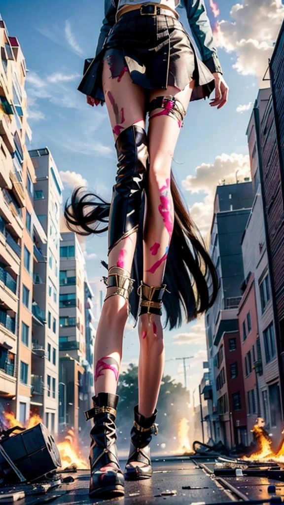 Ground View,giantesscity,giant girl 500 feet high,skyscrapers,Have a pair of ultra long legs,stepping in the crowd,many people in street,a pair of huge breasts,Princess,mini skirt,black silk socks,Has black waist-length hair,Wearing a pair of Mary Jane heels,A look of enjoyment,standing on a ruins,Beautiful appearance,Exquisite makeup,quality,8k,高quality,Perfect proportion, Cinema lighting,film grain,Fuji colors,8k,textured skin,Super details,high detail,high quality,high resolution,explode,fake smile