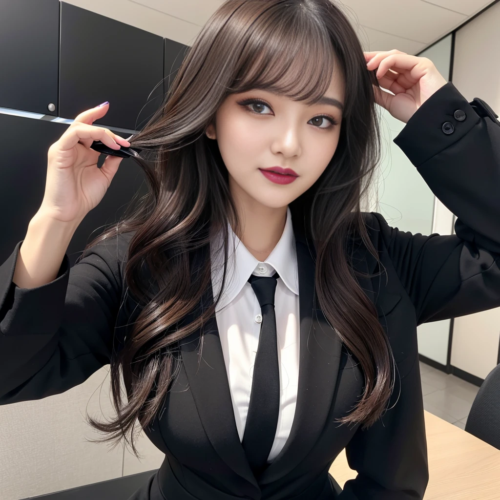 Highest quality、Super detailed、4K、Japanese、Captivating beauty、Attractive adult woman、Beautiful woman、Cool girl、evil女、brainwashingされた、brainwashing、Fallen into evil、Grin、邪evilな表情、邪evilな笑顔、evil、Brown Hair、Wavy Hair、Swept-apart bangs、Heavy makeup、Heavy makeup、Sharp Eye、Hollow Eyes,Half-closed eyes、Hollow Eyes、purple eye shadow、Black lipstick、Black lip gloss、suit、Black jacket、blouse、Black tight skirt、night、In the office、Have lipstick
