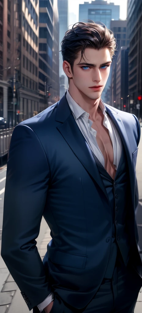 (masterpiece,best quality,detailed,high resolution),1 man,(Broad shoulders), ((No chest hair)), Male focus, Solitary, Dark blue eyes,Wearing a suit,Handsome man,Modern street background,Bright picture,full-body shot