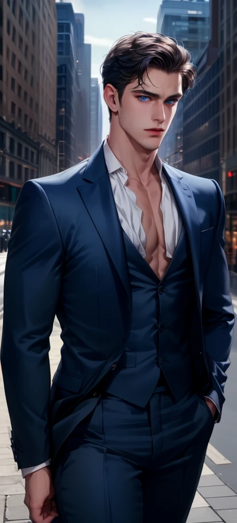 (masterpiece,best quality,detailed,high resolution),1 man,(Broad shoulders), ((No chest hair)), Male focus, Solitary, Dark blue eyes,Wearing a suit,Handsome man,Modern street background,Bright picture,full-body shot
