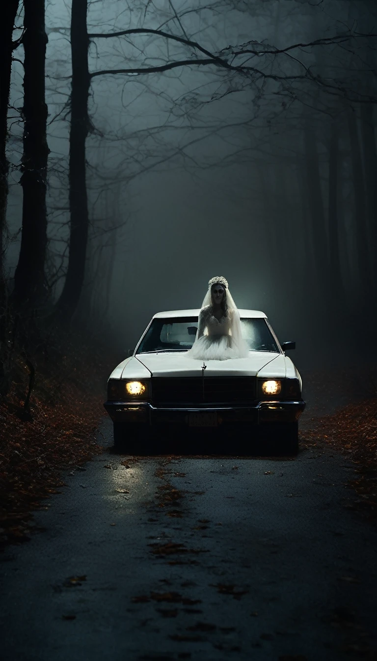 The White Lady, wearing weading dress, sitting in the passenger seat of a car at night. The car is on a dark, foggy forest road, surrounded by twisted trees. Her face is pale and haunting, partially obscured by her long hair. The atmosphere inside the car is tense and eerie, with dim lighting and thick fog outside. Cinematic, high contrast, spooky.