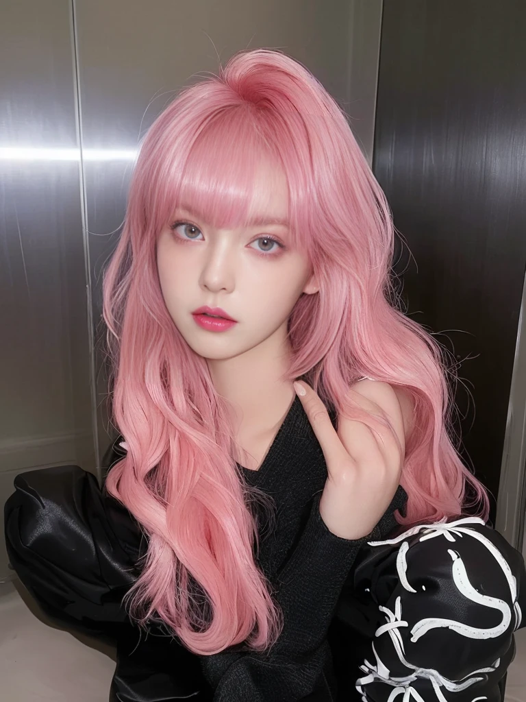8K high quality,1 woman,Fluorescent pink hair:1.5,Look at the camera