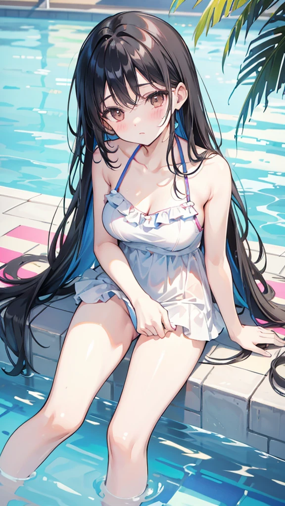 Colorful high leg swimsuit　Black hair semi-long hair　Great style　blush　Quite embarrassing　Poolside