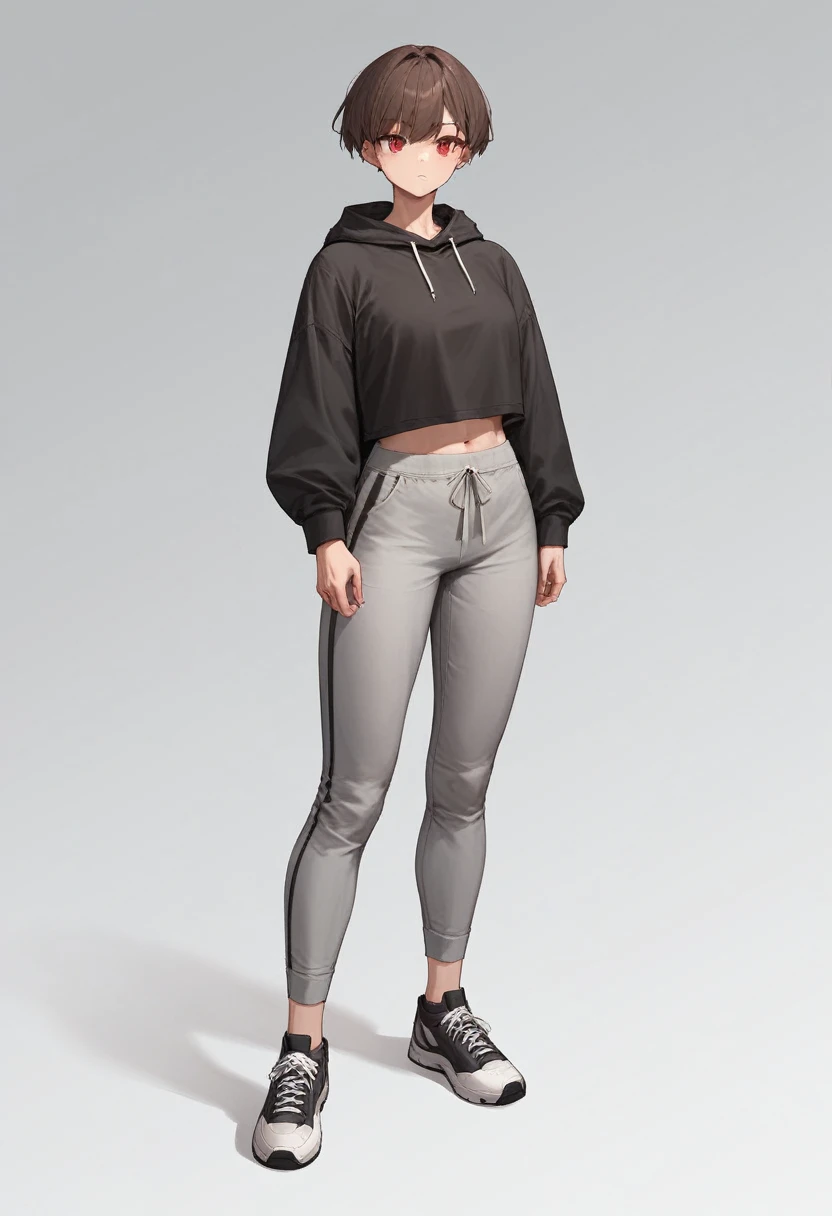 1 girl, brown short hair, red eyes with black whites, black sweatshirt, gray pants, black sneakers with white laces, White background, standing straight