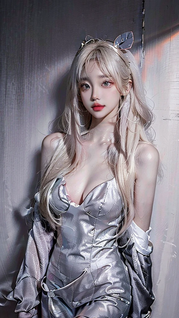 full-body shot,25-year-old girl,blonde hair,Medium breasts,cleavage,White skin,pink eye shadow,Gray Eyes