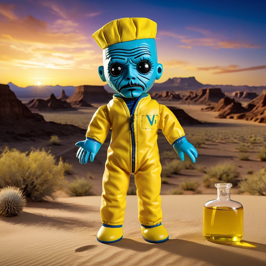 (knitted toy voodoo doll:1.8), (Voodoo Walter White:1.3), (Clothing: protective yellow suit:1.0), (Accessories: RV lab, bag of blue crystals, Erlenmeyer flask:1.2), (Background: desert scene with RV in background, chemical fumes:1.2), best quality, masterpiece, detailed soft oil painting, detailed background, dramatic cinematic lighting, soft edge lighting, professional, dramatic lighting, hard edge lighting, ultra quality, 4k,masterpiece, best quality, 8k, ultra highres, highres, extremely detailed
