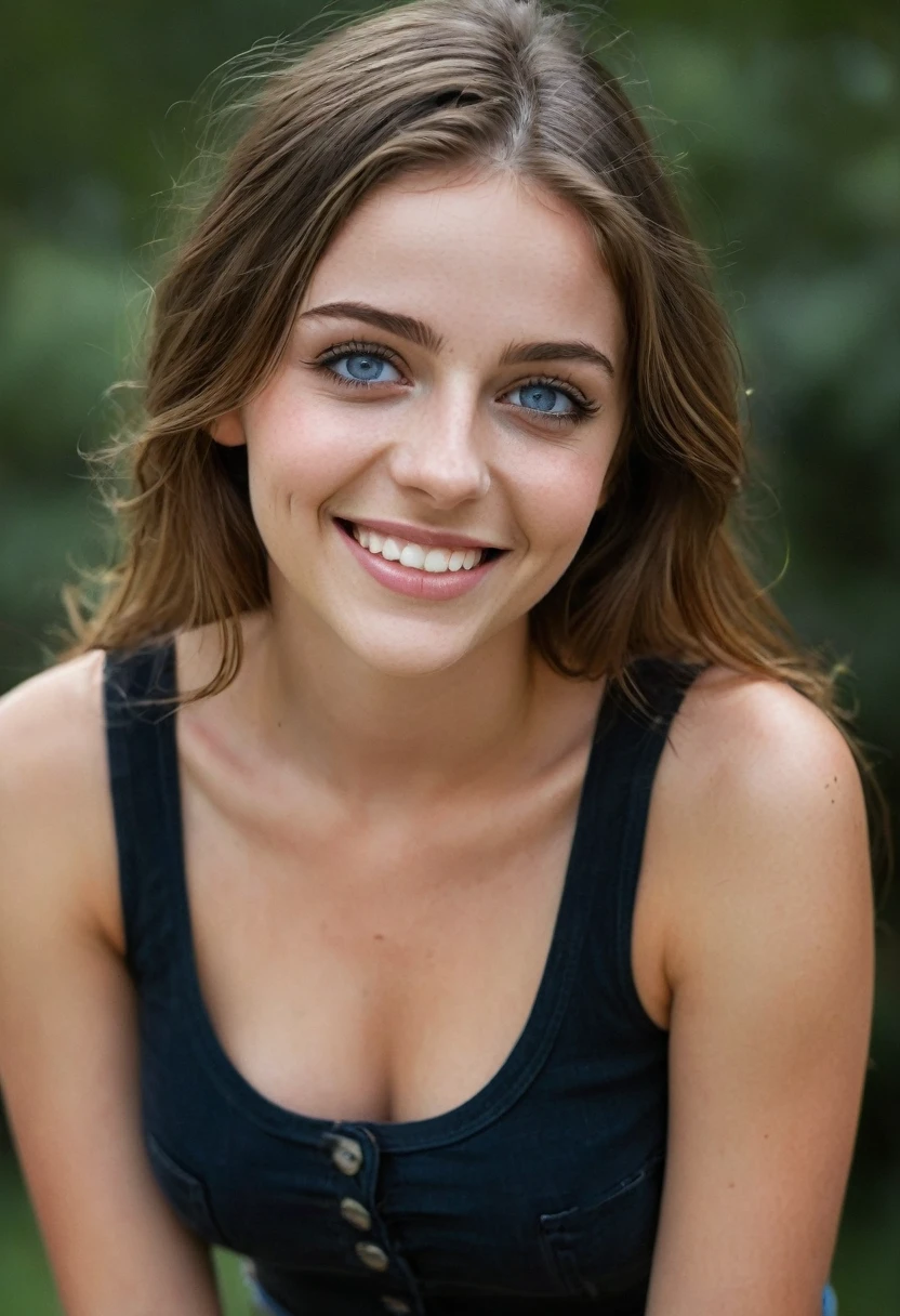 core_9, score_8_up, score_7_up, score_6_up, beautiful woman,cute face,shy,laughing out loud,extreme ultra detailed perfect eyes,dark and deep blue eyes,teeth,20yo,nose blush,big breast,eyes contact,Wearing black tight sleeveless and jeans paint,outdoor,in park,(head tilted),RAW photo,realistic,volumetric lighting, depth of field,cinematic,full body,full-body shot,