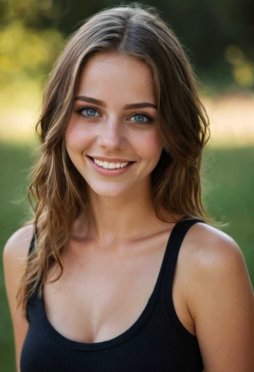 cœur_9, scœur_8_en haut, scœur_7_en haut, scœur_6_en haut, Belle femme,visage mignon,Timide,Rire aux éclats,yeux parfaits ultra détaillés et extrêmes,yeux bleu foncé et profond,Dents,20 ans,nez rougir,gros seins,contact avec les yeux,Porter des manches courtes décontractées et de la peinture sur jeans,Extérieur,Dans le parc,(tête inclinée),Photo brute,réaliste,éclairage volumétrique, profondeur de champ,cinématique,Tout le corps,tir de tout le corps,