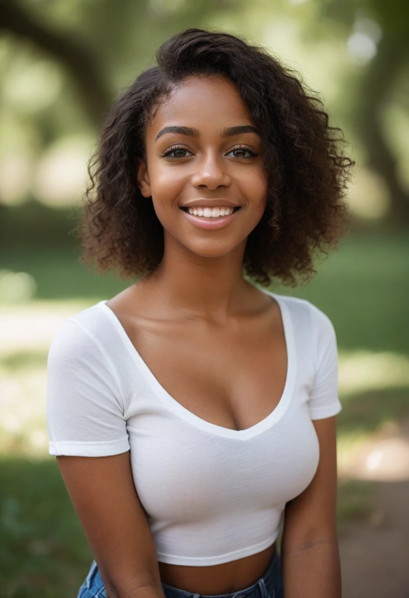 core_9, score_8_up, score_7_up, score_6_up, beautiful black woman,cute face,shy,laughing out loud,extreme ultra detailed perfect eyes,dark and deep hazel eyes,teeth,20yo,nose blush,big breast,eyes contact,Wearing tight casual short sleeves and jeans paint,outdoor,in park,(head tilted),RAW photo,realistic,volumetric lighting, depth of field,cinematic,full body,full-body shot,