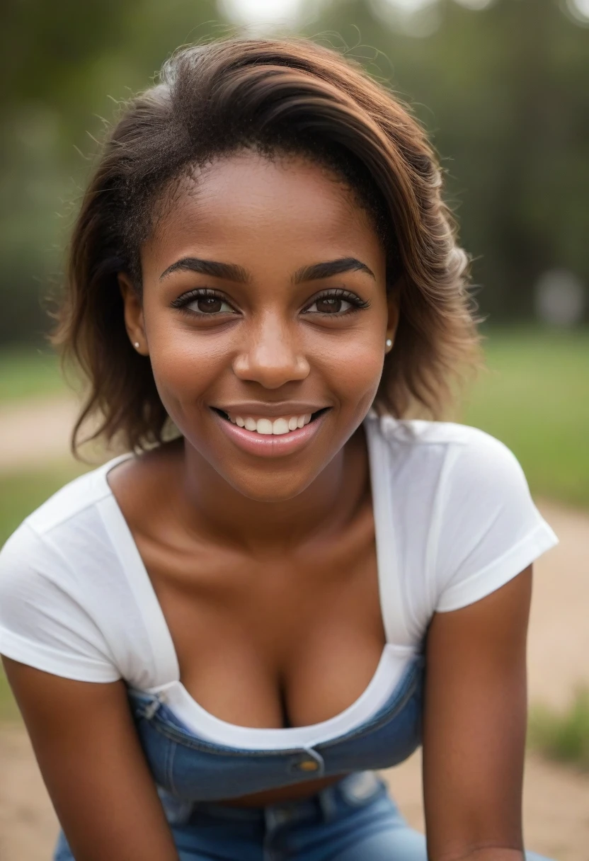 core_9, score_8_up, score_7_up, score_6_up, beautiful black woman,cute face,shy,laughing out loud,extreme ultra detailed perfect eyes,dark and deep hazel eyes,teeth,20yo,nose blush,big breast,eyes contact,Wearing tight casual short sleeves and jeans paint,outdoor,in park,(head tilted),RAW photo,realistic,volumetric lighting, depth of field,cinematic,full body,full-body shot,