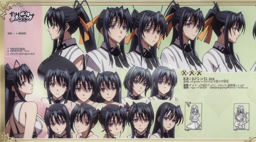 ((Best Quality)), ((Masterpiece)), (((detailed character sheet, frontal view, side view, three quarter view))) white background、whole body、whole bodyイラスト、whole bodyアニメーション、whole bodyリファレンスシート、Long Hair、black hair、smile、Cute face、Big Breasts、Long legs、Beautiful feet、8 heads tall、Detailed face、high school DxD、akeno himejima、