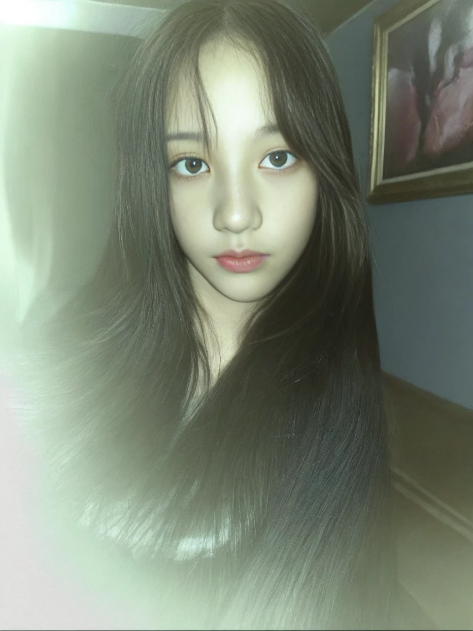 (detailed and realistic portrait of a girl with a clean face), (round eyes and long flutters hair shot outside),staring at camera,magical photography, dramatic lighting, photo realism, ultra-detailed,
 intimate portrait composition, (centered image composition),(close up shot:1.6),best quality,f/1. 8, 85mm,
(18years asian woman), yellow_hair,(black_eyes:1.2),(bangs),makeup,white_dress,
(hazy blue_sky_background)