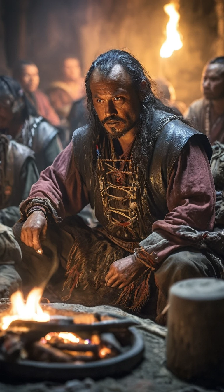 Temujin forging alliances with other tribes, depicted in a council meeting around a campfire, background dark, hyper realistic, ultra detailed hyper realistic, photorealistic, Studio Lighting, reflections, dynamic pose, Cinematic, Color Grading, Photography, Shot on 50mm lens, Ultra-Wide Angle, Depth of Field, hyper-detailed, beautifully color, 8k