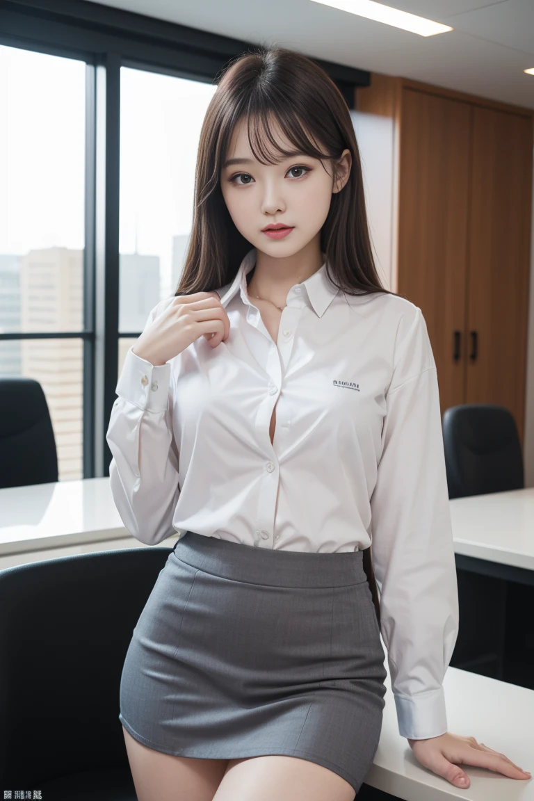 (1 Female), beautiful, (Highest quality:1.4), (Super detailed), (Very detailed CG 統合 8k 壁紙), Very detailed, High-resolution RAW color photos, Professional photography, Great face and eyes, compensate, (驚くほどbeautiful女の子), ((suit)), ((mini skirt)), (A business shirt with a wide open chest:1.3), (Sales Office:1.3), (:1.3), Business Desk, Chair, Windows, Computer, View from below