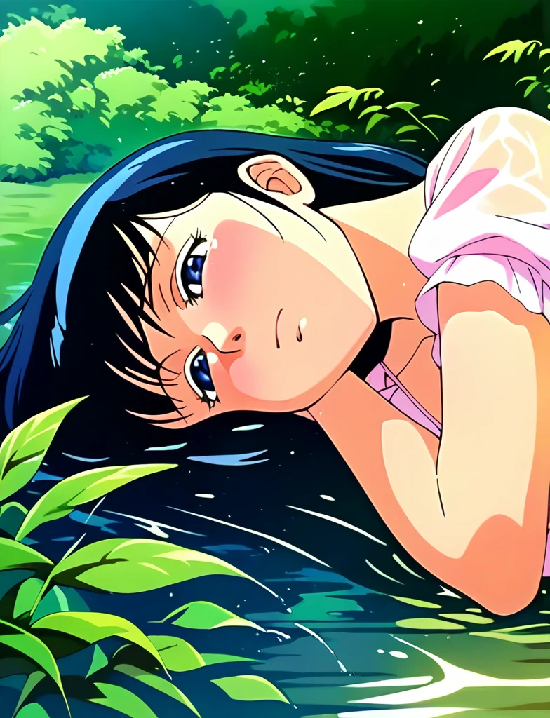 ,Kyoko,score_9,score_8_superior,score_7_superior,sauce_anime,One girl,alone,View your viewers,soaked,downpour,in the forest,negligee、濡れたnegligee、Panties、Lying down,Sad face,:d,arms_behind_return,