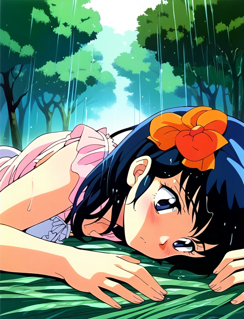 ,Kyoko,score_9,score_8_superior,score_7_superior,sauce_anime,One girl,alone,View your viewers,soaked,downpour,in the forest,negligee、濡れたnegligee、Panties、Lying down,Sad face,:d,arms_behind_return,