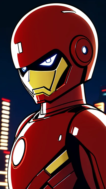 (8k),(masterpiece),(Japanese),(13-year-old boy),((innocent look)),((Childish)),From the front,smile,cute,Innocent,Kind eyes,Flat chest, Iron Man,Red Helmet, Yellow Domino Mask,Short,Hair covered by helmet,Blonde Hair,Strong wind,night,dark, Neon light cyberpunk city, mighty atom