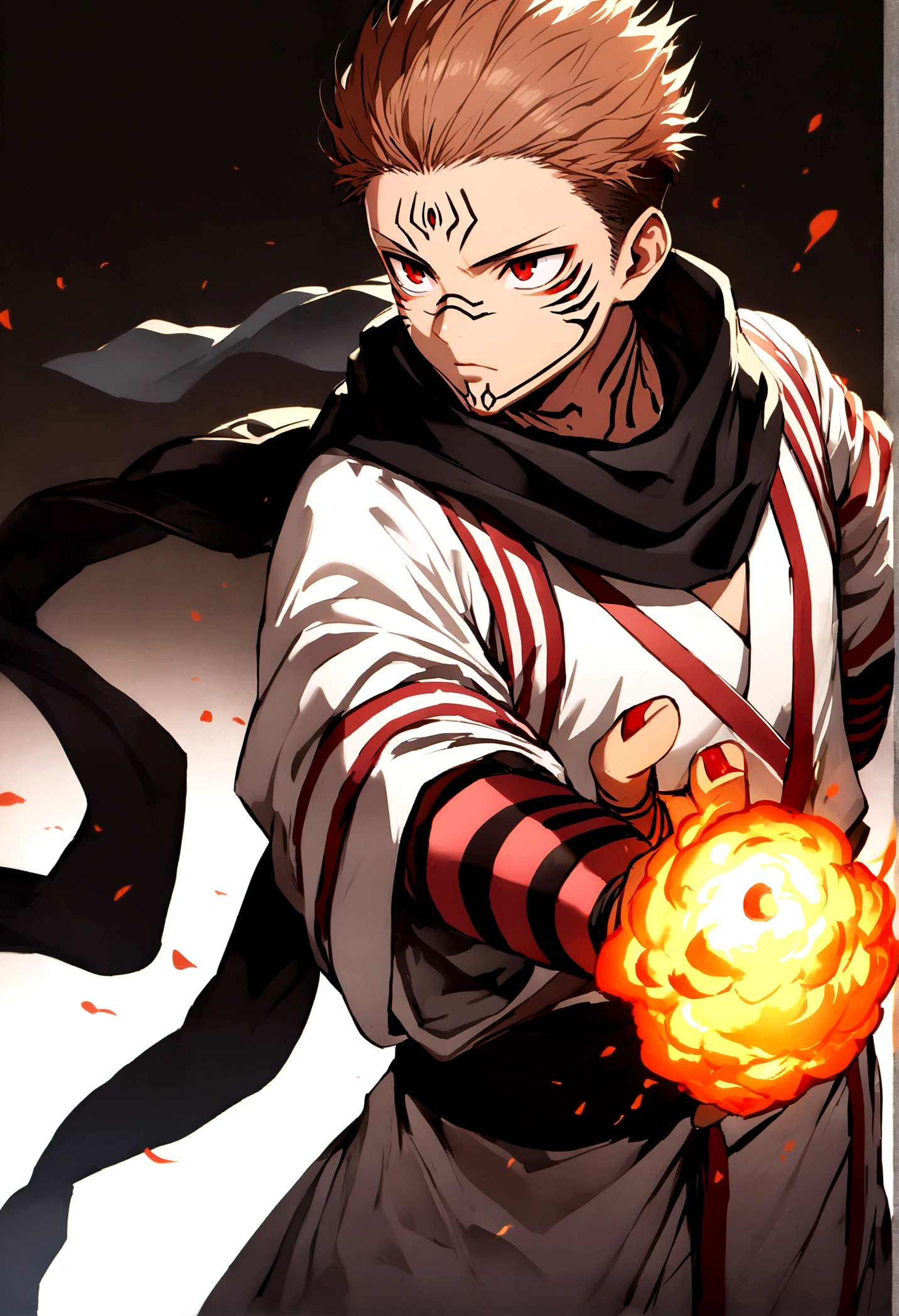 ryomen sukuna, fireball in hand, ready to fight, upper body, no background, white kimono, wide sleeves, black scarf