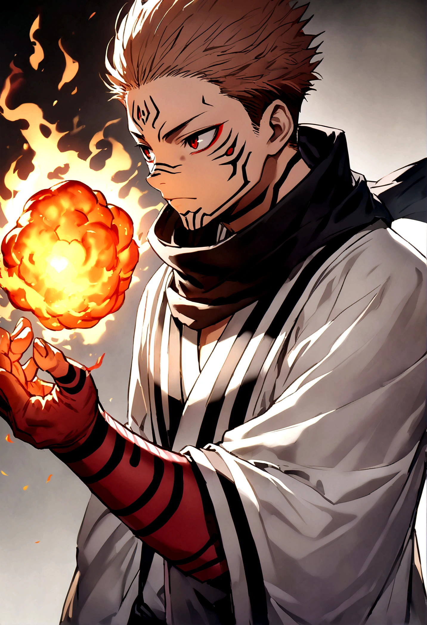 ryomen sukuna, fireball in hand, ready to fight, upper body, no background, white kimono, wide sleeves, black scarf