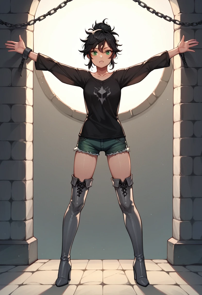 score_9, score_8_up, score_7_up, score_6_up, score_5_up, score_4_up, source_anime, 1girl, black hair, hair bun, green eyes, w-w-chain, spread arms, messy hair,black shirt,shorts,thigh high boots,gray boots,without heels, dungeon, best quality, best res, 4K UHD,
 